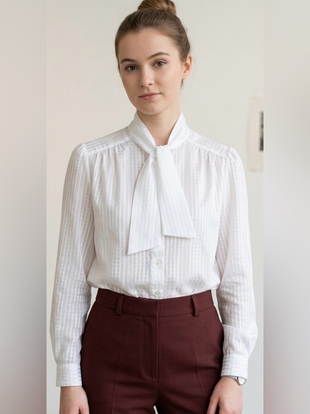 Vtg 1980s St Michael UK White Sheer Plaid Tie Neck Bow Blouse Medium